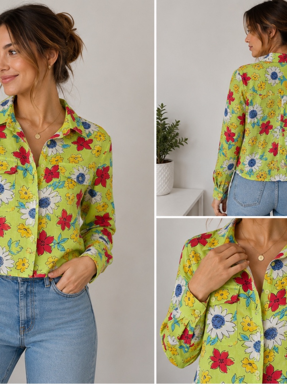 Vintage Transitions Petite 100% Silk Floral Button-Up Blouse P/M Bright Print